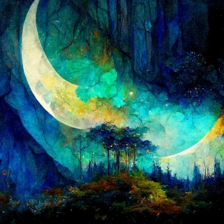 lukisan minyak, bulan, hutan